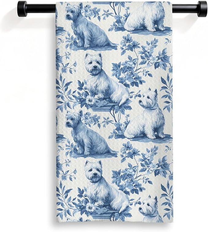 Westie Kitchen Dish Towels,Blue and White Floral Dog Towel Dish Tea Towels, Chinoiserie Decor for Kitchen Bathroom,Westie Gifts for Dog Lover Mom Dad,16x24 Inch