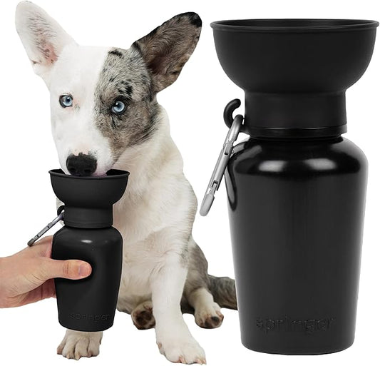 Springer Flip Dog Water Bottle | Portable Drinking Feeder with Foldable Food-Grade Silicone Bowl | One-Hand Squeeze & Leak-Proof | BPA-Free 20oz | Walking, Hiking & Camping | Puppy Essentials