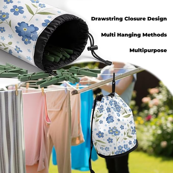 Clothespin Bag with Drawstring, Forget-Me-Not Print Laundry Accessory Organizer Pouch, Portable Peg Storage for Drying Rack, Camping, Travel, Dormitory