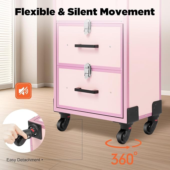 Professional Rolling Makeup Train Case, Large Cosmetic Trolley with Three-Gear Telescopic Pull Rod for Hairdressers, Pet Beauticians Bearing Capacity 110.23 Lbs 22.4 x 14.2 x 9.1 Inch Pink