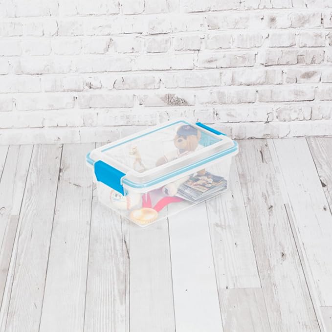 Sterilite Gasket Storage Box w/Lids for Home & Office, 7.5 Quart, 12-Pack | Heavy-Duty, Stackable, and Organizing Containers for Bathroom, Cabinet, Closet, and Garage, Clear and Blue Aquarium Latches