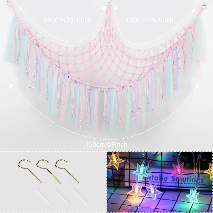 Stuffed Animal Hammock with LED Lights - 59 Inch Large Toy Storage Net for Kids Bedroom, Wall-Mounted Plush Organizer with Wooden Rings, Nursery Decor (Handwoven, Pink)