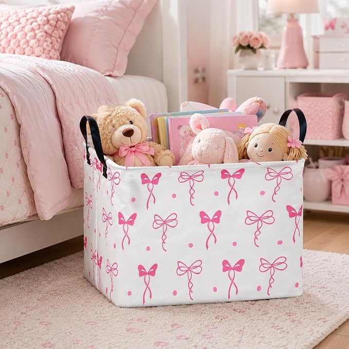 Pink Bow Storage Basket for Girls Room, Foldable Toy Organizer Bin | Pink Bow Design with Cotton Linen Fabric, Waterproof Lining, Leather Handles and Foldable Style for Girls Room Storage