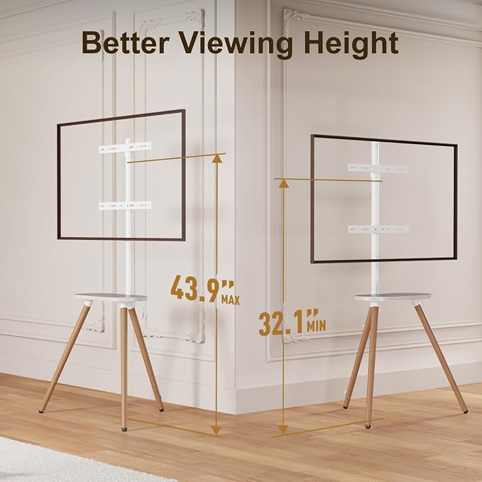 Tripod TV Stand for 43-65" TVs, Swivel, White | Height-adjustable easel TV stand, wood media shelf, cable management and VESA up to 400x400