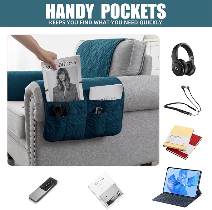 Chair Arm Covers for Living Room Sofa Arm Covers Armrest Slipcover Headrest Covers for Recliner Chair Armrest Cover for Nonslip Furniture Protector Couch Sofa (Deep Teal,1 Seat 3 Piece Set)