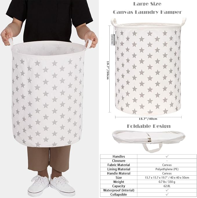 Sea Team Large Canvas Laundry Basket with Handles, Gray Stars | Collapsible Fabric Laundry Hamper, Closet Shelf Organizers, Containers for Clothing, Blankets, Toys, Bedding, 19.7 x 15.7”