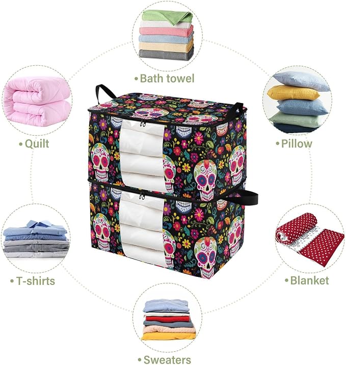 Generic Skull Flowers Day Of The Dead Clothes Storage Bag Bins 2 Pack Foldable Storage Containers Large Closet Organizer with Zipper Under Bed Storage for Bed Sheets Clothing Comforters 60L