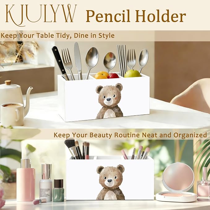 Pencil Holder for Desk Kids, Bear Lover Gifts, Cute Forest Animal Wooden Box Pencil Pen Holder Organizer for Kids Room Home Office Desk Accessories