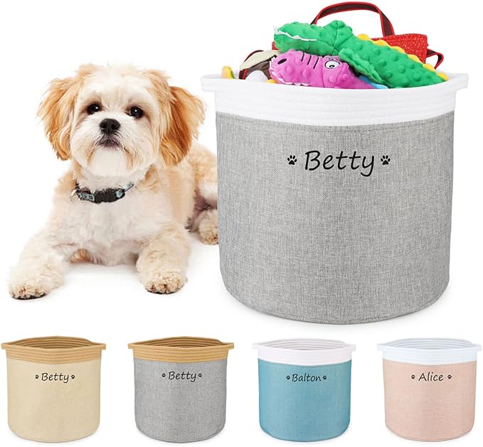Personalized Dog Toy Storage Basket Bin Collapsible Customized Pet's Name Round Storage, Organizer for Dog Toys、Clothing、Apparel & Accessories with Box (Paw White Pink )