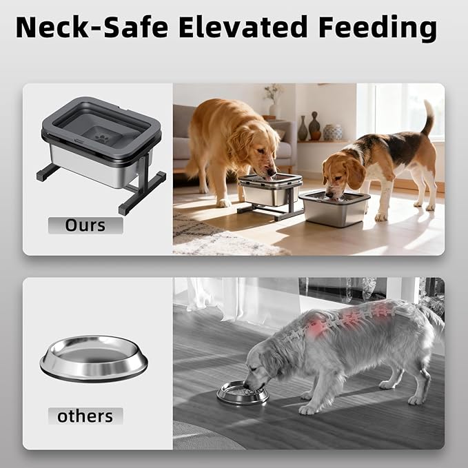 PAKEWAY 2.7 Gal Elevated No Spill & Slow Drinking Dog Water Bowl with Adjustable Metal Stand, Stainless Steel Bowl for Large Dogs & Multi-Pet Homes