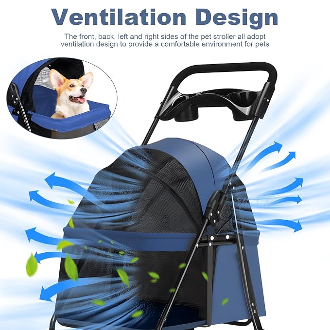 4‑Wheel Foldable Pet Stroller, Travel Strolling Cart for Small & Medium Dog | Breathable Visible Mesh Window, Cup Holder & Storage Basket, Rear Wheel Dual Brake, Portable Folding Design Navy Blue