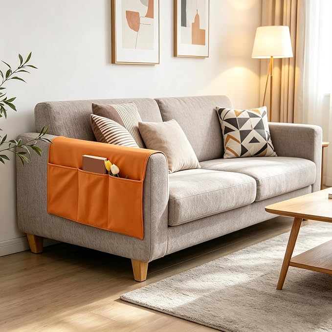 Sofa Armrest Cover with Pockets Set of 2 Furniture Protector Slip Technical Fabric Non Slip Recliner Organizer Remote Holder Caddy Accessories for Living Room Bedroom Kitchen Home 24*43.3 Inch Orange