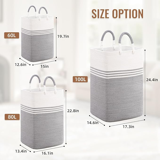 Laundry Basket Hamper,Blanket Storage,Dirty Clothes Hamper with Swivel Handles,Woven Cotton Rope Toy Baskets,Blanket Basket Living Room,Decorative Hampers for Nursery,Bedroom,White & Gray,80L