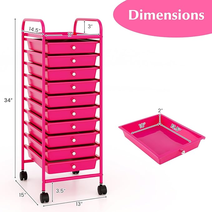 10 Drawer Rolling Storage Cart, Organization Cart on Drawers for Craft Makeup Paper Tool Art Supply, Versatile Utility Cart on Wheels for Home Office Classroom School (Hot Pink)