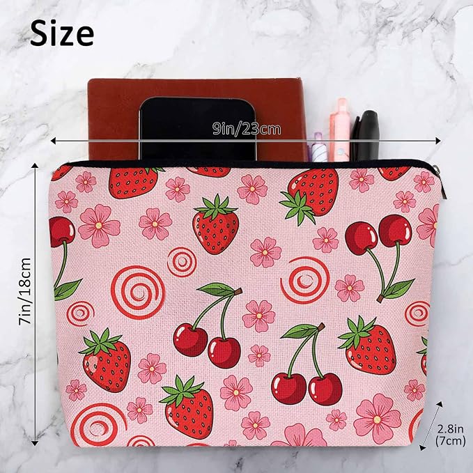 Strawberry Makeup Bags Makeup Organizer, Summer Strawberries Cherries Pink Flax Toiletry Bags Travel Cosmetic Bag Makeup Purse Pouch Skincare Bag Wallet Bags For Women Female Mom Daughter