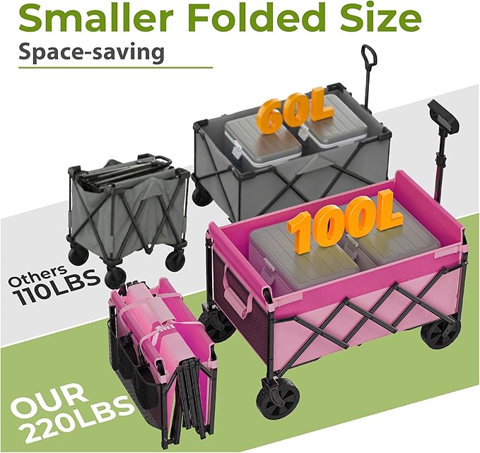 Pink Small Collapsible Wagon Cart, Lightweight Folding Utility Cart with Wheels, 220lbs Capacity Portable Grocery Cart for Sporting Events, Garden, Shopping (Pink)