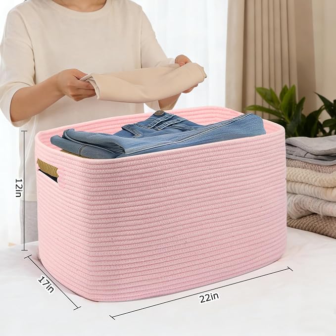 75L Large Woven Storage Basket, Pink Cotton Rope Laundry Hamper with Handles, 22”x17”x12” Rectangle Blanket Basket for Toys, Clothes, Pillows, Nursery and Living Room,Shelf Basket
