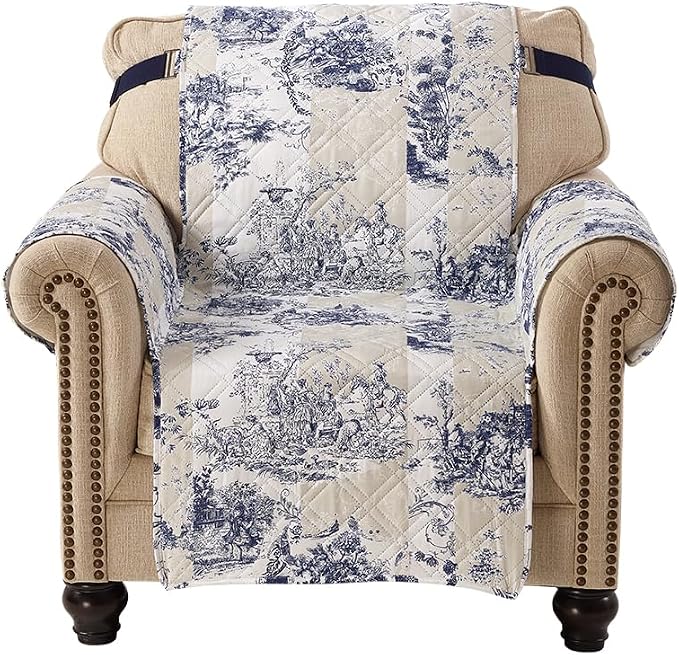Brilliant Sunshine Blue Toile Couch Armchair Cover, Beige Ivory, 23" seat | Quilted Sofa Cover, Living Room & Bedroom Furniture Protector, Washable Chair Slipcover for Pets, Dogs & Cats