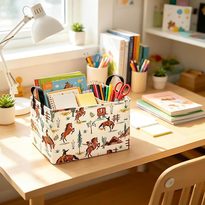Western Cowboy Fabric Rectangular Nursery Storage Bin | Gifts Bag for Books,Clothes,Gifts,Pets-Perfect for Home,Office,Nursery,Dorm,Shelf