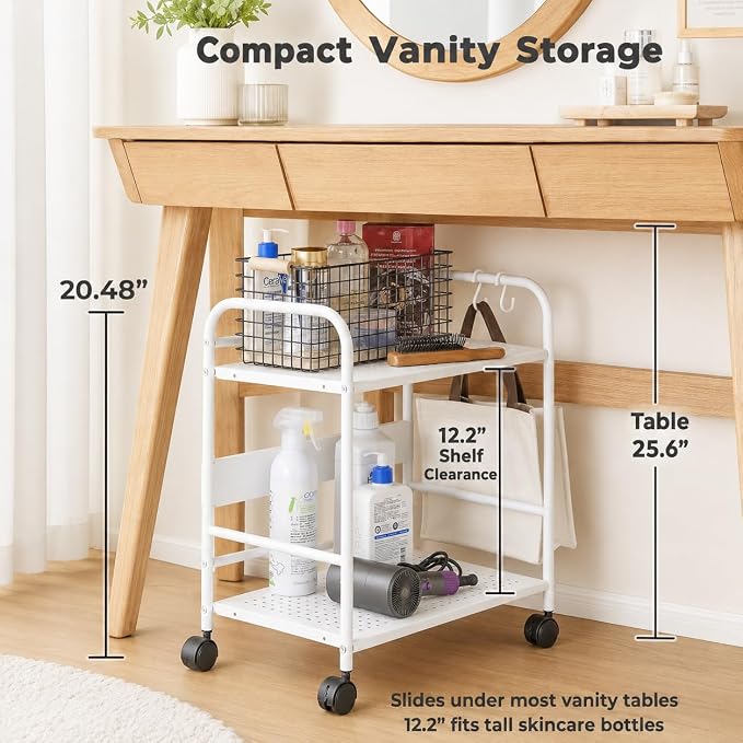 2-Tier Metal Rolling Cart, Compact Under Desk Storage Organizer | 12.2" clearance fits binders and tall bottles, compact mobile shelf with anti-drop guard for home & office. White.