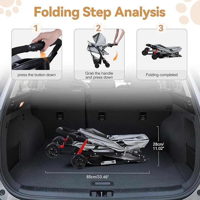 4 Wheel Pet Stroller for Small Medium Dogs, Foldable Cat Carriage with Breathable Mesh Windows, Cup Holder and Storage Basket, Portable Animal Strolling Cart Holds up to 22lbs Grey