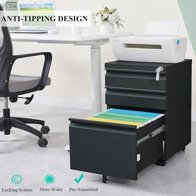 3-Drawer Mobile File Cabinets Rolling Metal Filing Cabinet for Legal & Letter File Anti-tilt Design with Lock Under Desk Office Drawers,Requires Assembly,Black