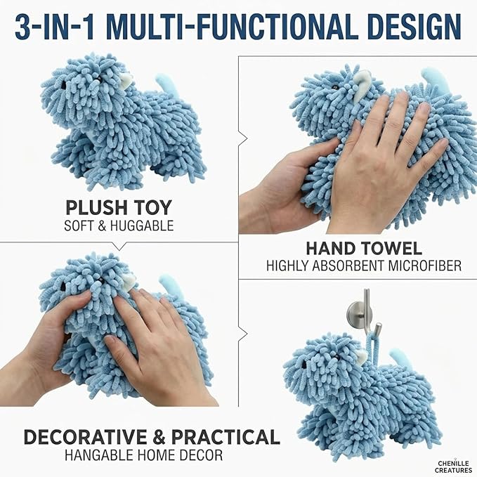 Cute Dog Chenille Hand Towel, 3D Fuzzy Puppy Hangable Ball Hand Towel Microfiber Super Soft Absorbent Bathroom & Kitchen Towels with Hanging Loop, Can Be Placed on the Sink Countertop (Blue)