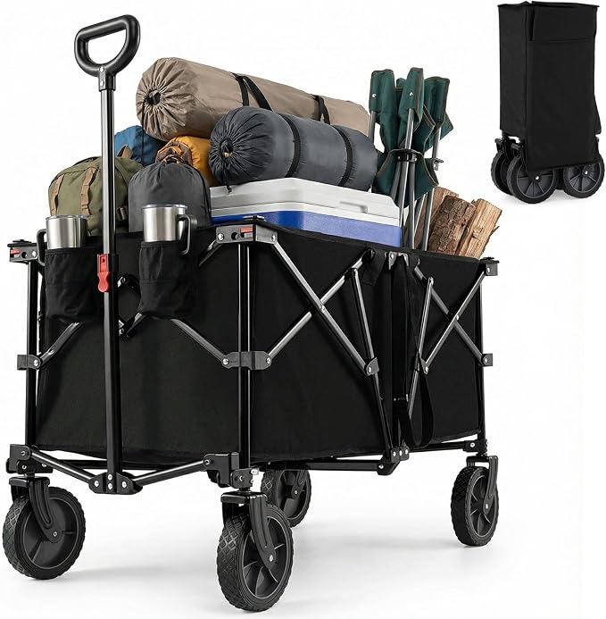Goplus 38" Collapsible Wagon Cart, 400 LBS Heavy-Duty Foldable Beach Wagon with All-Terrain Wheels & 2 Cup Holders, 180 L Portable Utility Cart with Adjustable Handle for Camping, Shopping