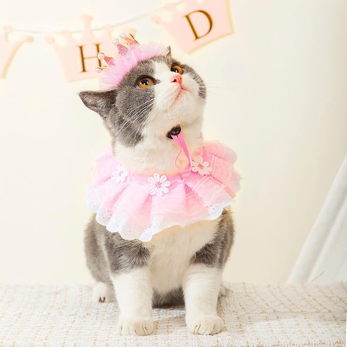 Cat Princess Costumes Cat Crown Hat & Lace Bandana Scarf Set, Puppy Party Hat for Small Dogs & Cats, Lace Outfit for Cats and Small Dogs Birthday Party (Pink(Crown Hat&Scraf&Banner))