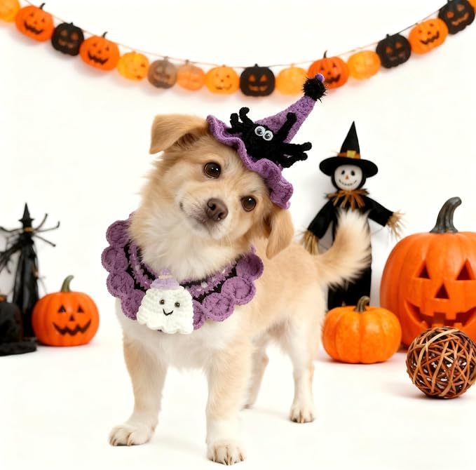 Halloween Cat Costume & Dog Outfit – Handmade Purple Witch Hat & Cute Ghost Cat Clothes, Adjustable Pet Outfit for Rabbits,Cats &Small Dogs, Lightweight & Breathable, Festive Pet Accessories