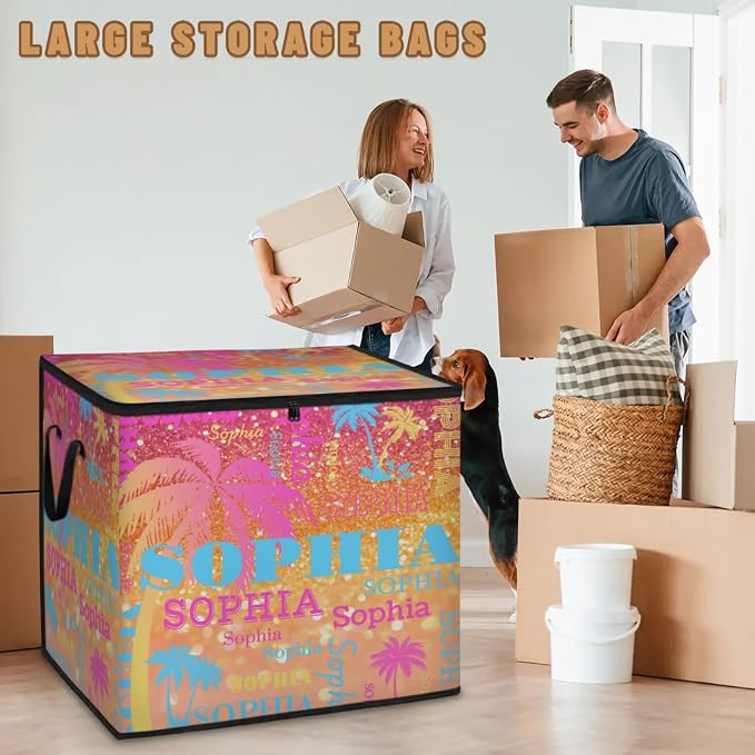 Custom Name Large Clothes Storage Organization with Lids, Tropical Palm Trees Bedding Clothes Storage Bin Shelf Basket for Nursery, Gift Basket, Pet Basket, Bright Shiny Orange Glittering Bling