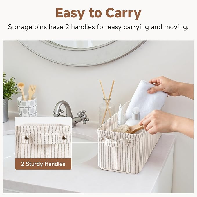 StorageWorks Fabric Narrow Storage Bins, Khaki and Beige Stripes, 2-Pack | With Metal Frame, Sturdy Structure, Reinforced Handles, Toilet Paper Storage, Small Baskets for Bathroom, Closet, Shelf