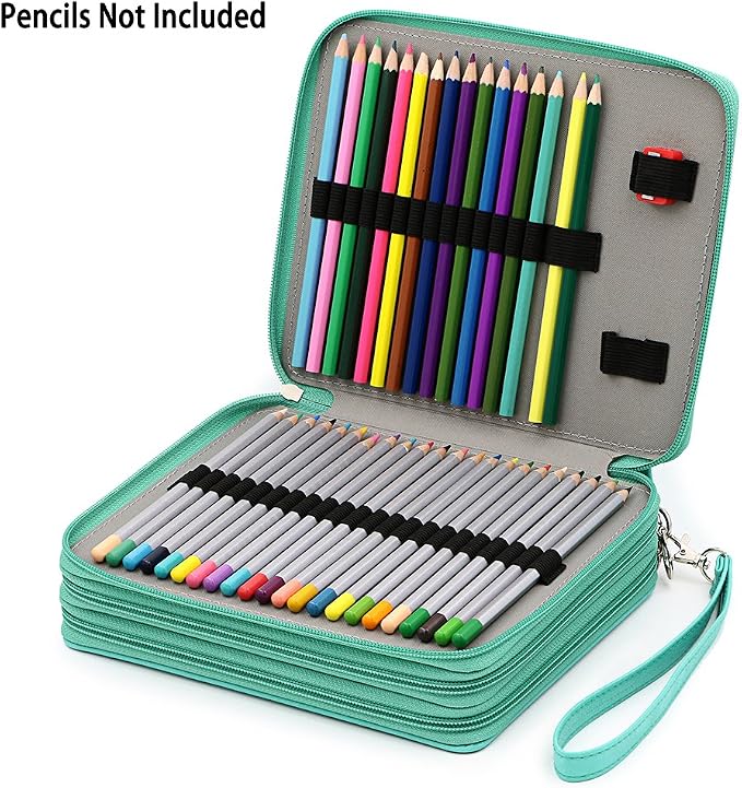 BTSKY Deluxe PU Leather Pencil Case For Colored Pencils - 120 Slot, Green | Pencil Holder with Handle Strap Handy Colored Pencil Box Large for Artists, Adults Coloring, Sketching, Drawing