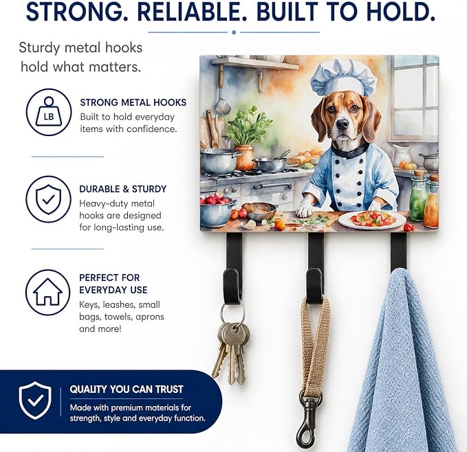 Caroline's Treasures Beagle The Chef Leash or Key Holder Wall Hooks, Key Hooks Holder, Coat Rack Wall Mount, Coat Hooks, Hooks for Hanging Keys, Towels, Aprons, Leashes | Beagle The Chef artwork on ceramic tile with three steel hooks for keys, leashes,...
