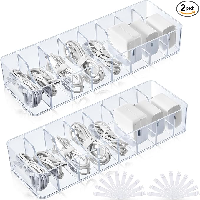 Tatuo 2 Pcs Cable Organizer with 20 Wire Ties, Plastic Cord Storage Charger Box Electronics Organizer with Adjustment Compartments Cable Storage for Drawer Home Office Desk Accessories (Clear)