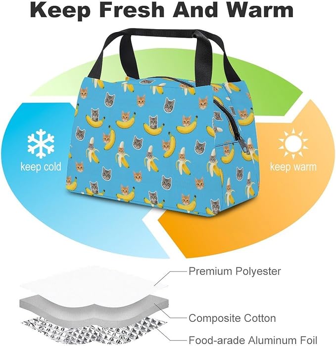 Cute Insulated Lunch Bag for Women Men, Funny Cat Banana Bananas | Large Capacity Leakproof Cooler Tote, Non Slip, with Sturdy Zipper, for Daily Use Outdoor Activities