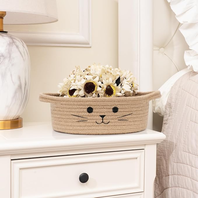 Small Woven Rope Cat Toy Basket with Cat Face Design, Jute | 9.8" x 4" Cute Cat Basket with Handles, Small Toy Bin & Box for Living Room & Nursery, Natural Instinct Basket for Cats Dogs