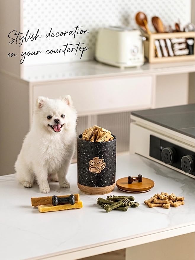 Miamolo Dog Treat Container Airtight Seal, Training Dog Treat Jar with Lid | 8 Cups, Cast-iron Handle | Ceramic Dog Food Storage Container, Rustic Pet Cookie Jar, Gift for Dog Lovers | Paw Dotted Black
