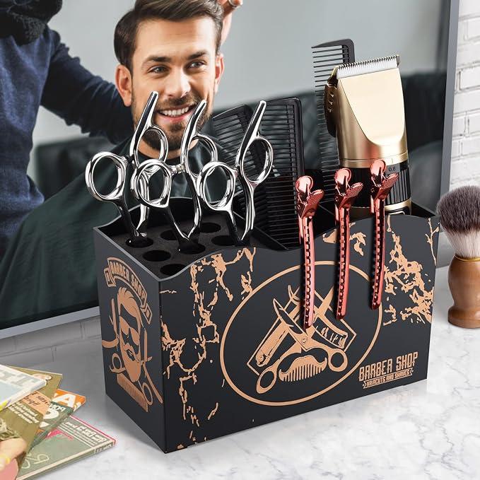 Noverlife Barber Scissors Holder Box, Shear Holder for Hairstyling | Professional Anti-slip Salon Hairdressing Scissors Rack Holder, 5 Compartments Storage Organizer for Combs Clips Brushes