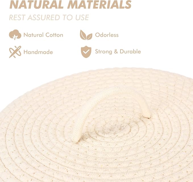 Sea Team Round Storage Basket, Woven Cotton Rope Basket with Lid, Cream | Decorative Knitted Storage Bin, Multi-Purpose Lidded Organizer for Closet Shelves, Nursery and Household Storage