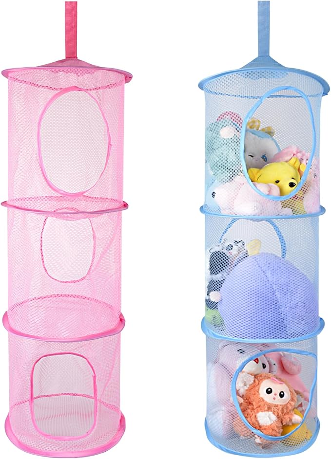 ChezMax Hanging Mesh Stuffed Animal Storage - 3 Tiers 2 Pack Large Stuffed Animal Net Organizer, Foldable Space Saver Bags Plushie Basket Organization Holder Room Bedroom Playroom Wall Blue & Red
