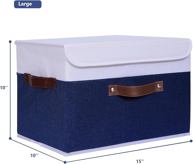 ANMINY Fabric Storage Box Bins with Lids, Blue White, 15"x10"x10", 4 Pack | Keepsake Memory Storage, Cotton Linen, PP Board Reinforced, Washable, PU Handles, Foldable & Stackable, Decorative, Large