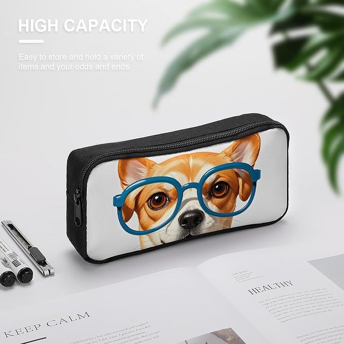 Pet Dog Soft Bow Tie, Oversized Glasses Large Pencil Case for Office, Portable Pen Box
