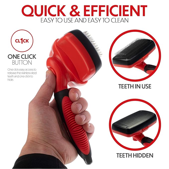 Self Cleaning Slicker Brush for Cat and Dog Coat - Detangler Dog Brush for Shedding & Grooming - Super Easy to Clean Deshedding Grooming Tool Removes Loose Pet Hair, Mats and Tangles (Red)