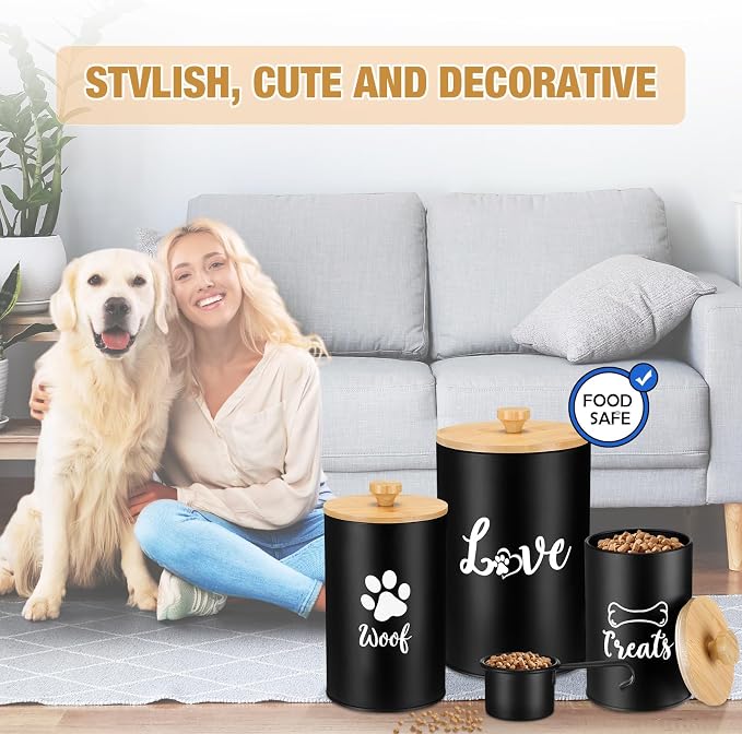 Tioncy 3 Pcs Dog Treat Container Airtight with Lids Spoon 8 x 5 & 7 x 4 & 6 x 4 Inch Dog Treat Jars for Counter with DIY Labels Pen Small Pet Food Storage Canister Cookie Snack Jars for Kitchen(Black)