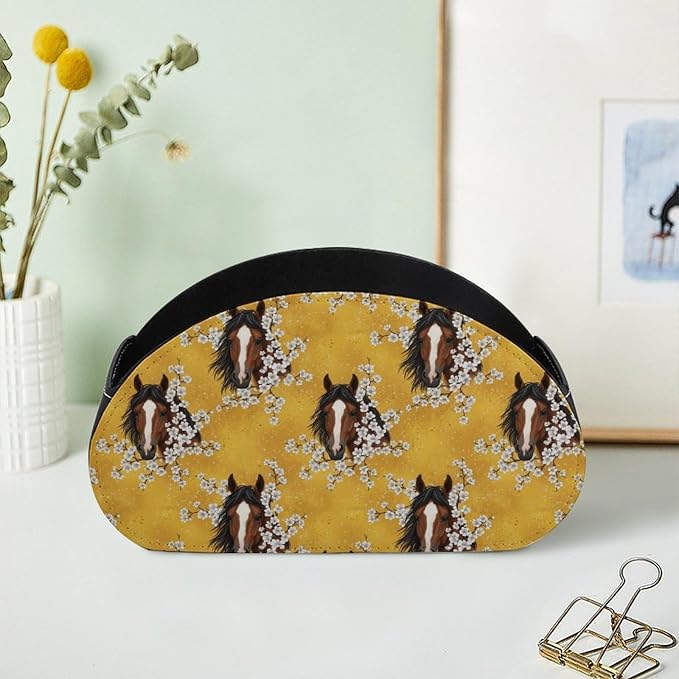 TV Remote Control Holders Horse Flower Yellow Office Desktop Storage Cup | 5 Compartments, Pu Leather, Horse Flower Yellow, Media Controllers Supplies Makeup Brush