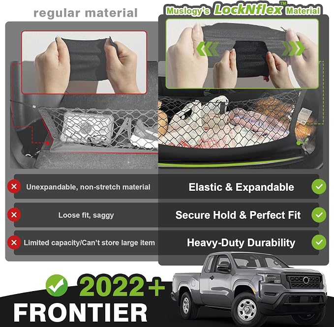 Muslogy Cargo Net for Nissan Frontier 2022-2025 2026 (Extra Support Frame) | Custom Fit, Truck Bed Storage Organizer Net for Pickup Truck Bed Divider, Heavy Duty Carabiners, Night Visible Grab Handle