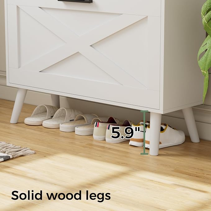 Homleke Farmhouse Shoe Storage Cabinet with Flip Drawers & Barn Door Design | Slim Narrow Shoe Rack Cabinet with Adjustable Shelves & Hidden Storage for Entryway, Foyer, Hallway, Living Room, White
