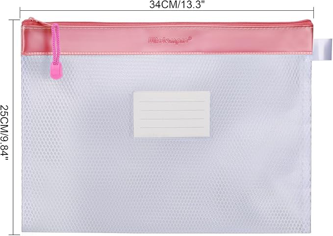 Wisdompro Zipper Pouch, 4 Pack Waterproof Mesh File Bag, Document Organizer | 13.3x9.8", Letter Size Mesh Bag with Outer Label Pocket, Durable, Perfect for Office, School & Home, Blue/Purple/Yellow/Pink