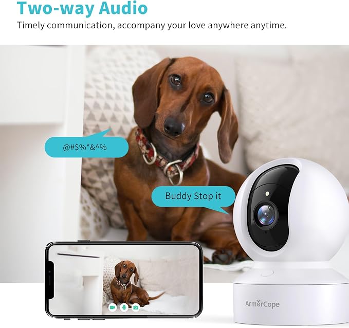 Armorcope Pet Camera, 2K HD Dog Camera with Phone APP, 360° Pan/Tilt View Puppy Cam, One Click Call for Baby Monitor, MagivPix Night Vision,Motion Tracking Alarm with Cloud/Local SD -2 Pack